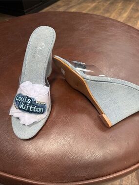 Custom made patch Light Blue Denim Slip-On Women’s Wedge Sandals